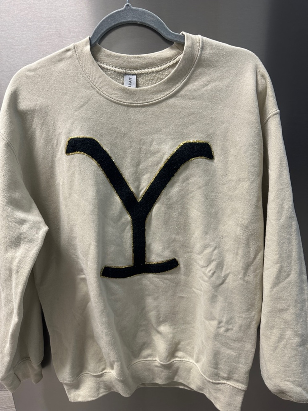Cream Men's Crewneck Sweater with Black 'Y' Appliqué